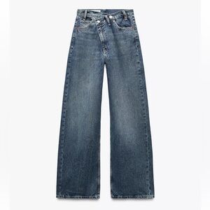 ZARA TRF HIGH RISE WIDE LEG CROSSOVER WAISTBAND JEANS